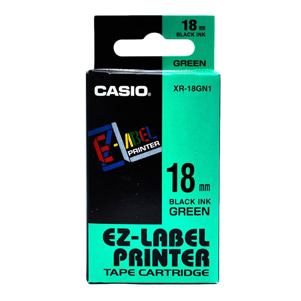 Casio Ez-Label Printer Tape Cartridge - 18mm, Black on Green (XR-18GN1)